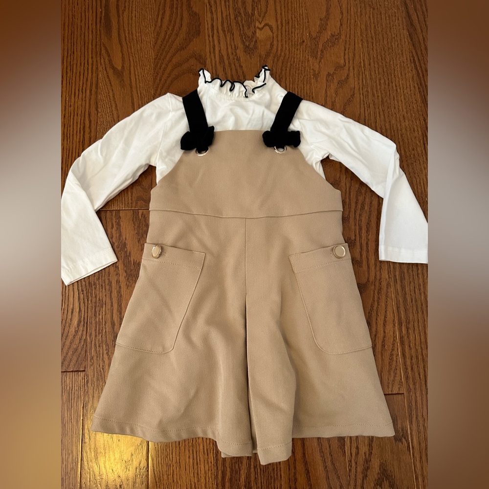 Mayoral Tan Pinafore Dress with Black Straps and White Top